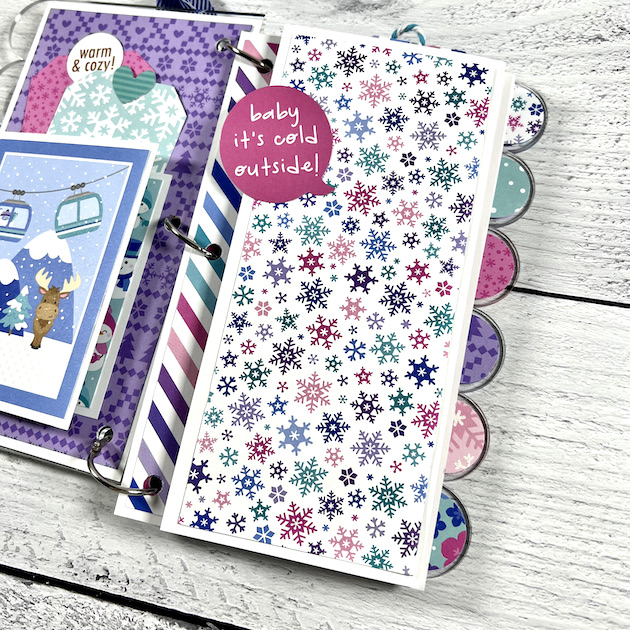 winter scrapbook album page with snowflakes and scallop edges