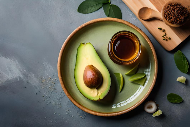 an image for the DIY hair mask recipe above could be a photograph of a ripe avocado cut in half, with the green flesh scooped out and mashed in a bowl. Other ingredients used in the mask, such as honey, coconut oil, and olive oil, could also be featured in the image, either separately or together with the avocado