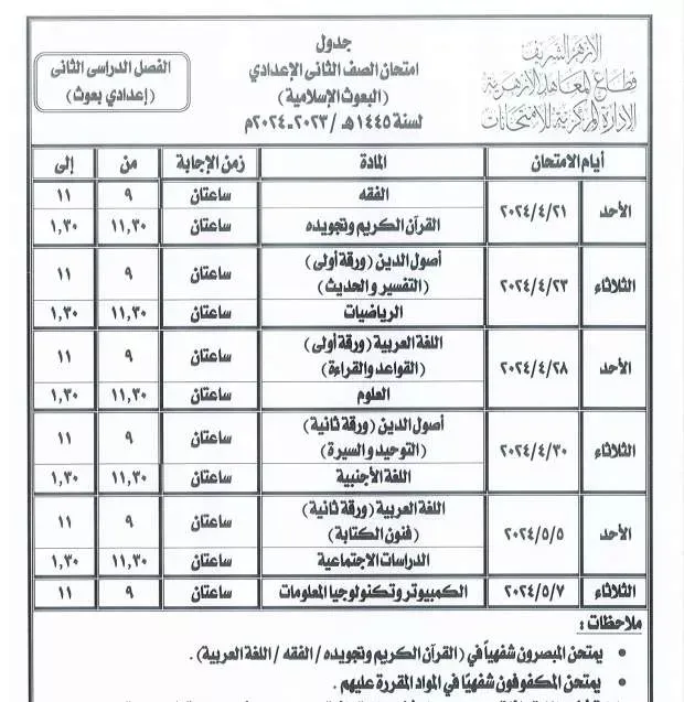 جداول امتحانات نهاية العام لجميع المراحل التعليمية .. بالمعاهد الأزهرية 2024