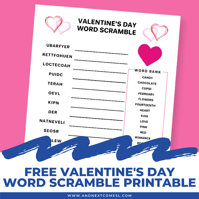 Free printable Valentine's Day word scramble game for kids with answers