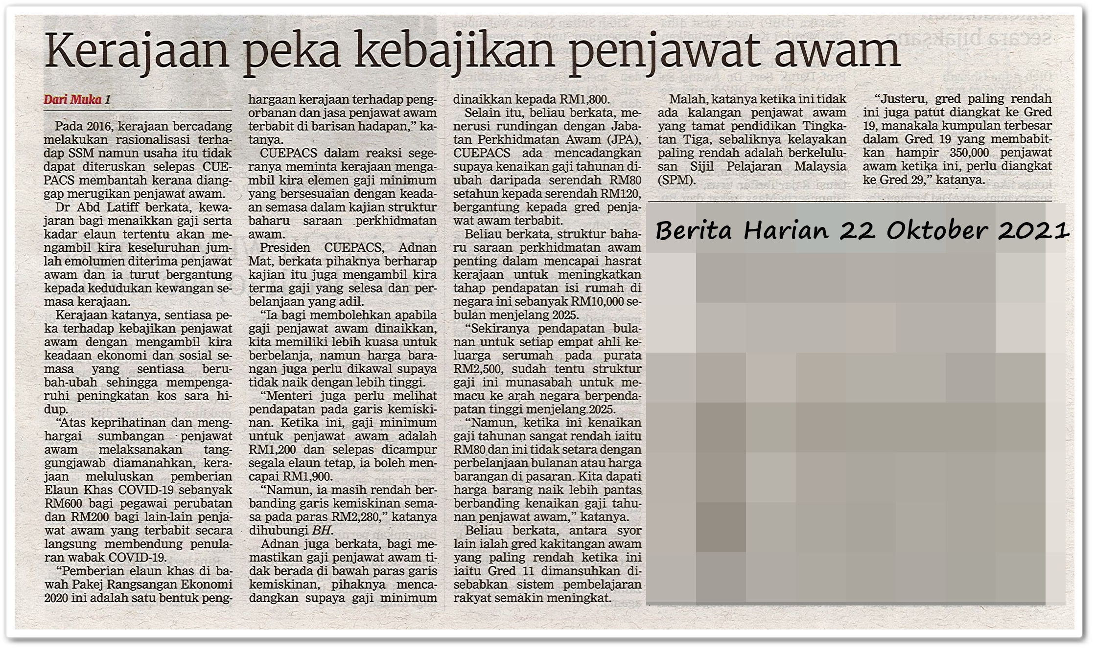 Kerajaan setuju kaji skim saraan kakitangan awam - Keratan akhbar Berita Harian 22 Oktober 2021