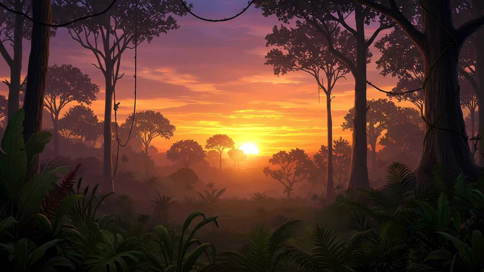 Toplist A lush jungle scene with dense vegetation and a vibrant orange and yellow sunset shining through the trees.
