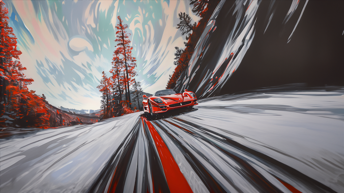 Dynamic artwork of a sleek red sports car speeding along a forest road with blurred motion, surrounded by vivid autumn trees under a swirling sky, emphasizing speed and motion in a natural setting.