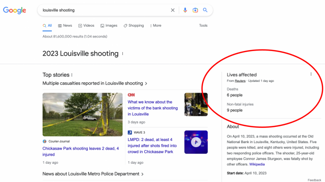 Google Search "Lives Affected" Box For Horrific Events