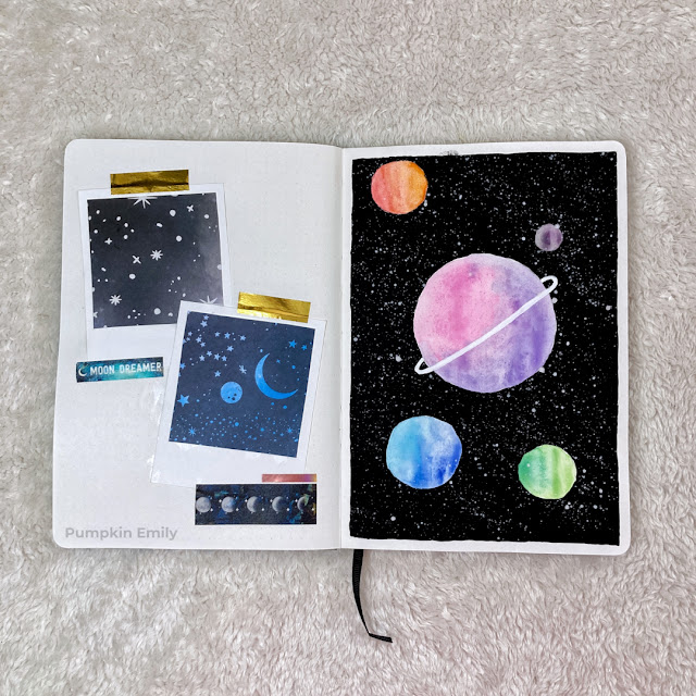 galaxy and planet themed art journal spreads