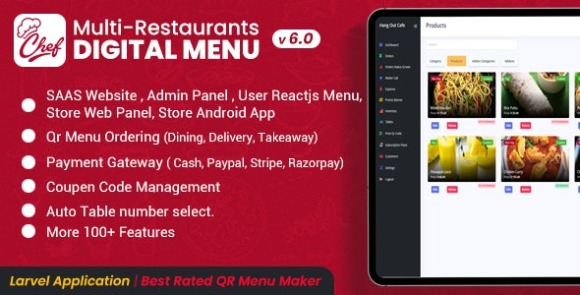 CHEF v6.0 – SaaS – Código-fonte do aplicativo QR Menu Maker para vários restaurantes sem contato