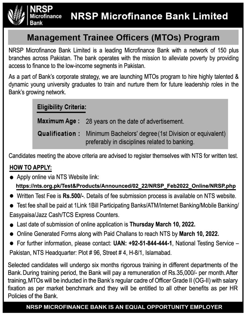 NRSP MF Bank Ltd Jobs Management Trainee Officers (MTOs)