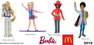 McDonalds Barbie and Hot Wheels 2019 Australia and New Zealand Promotional Toys: Barbie Astronaut Barbie Surfer Barbie Firefighter Barbie Vet