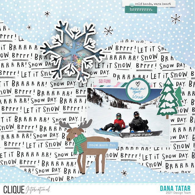 Winter Snowboarding Scrapbook Layout with Die-Cuts and Chipboard Snowflake Shaker Filled with Sequins and Gems