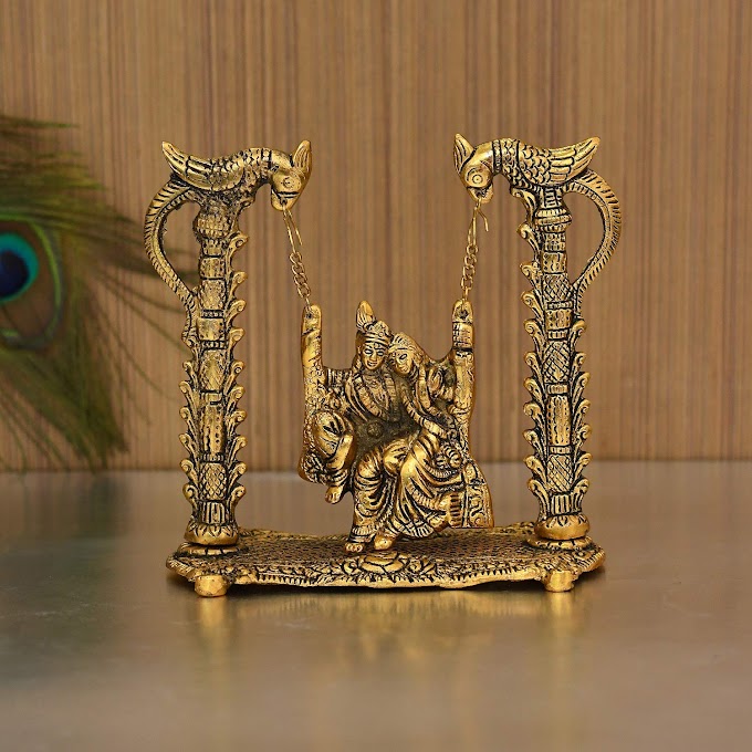 Anytime Metal Radha Krishna Idol on Jhula, Standard, Golden