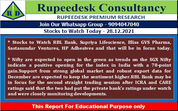 Stock to Watch Today - Rupeedesk Reports