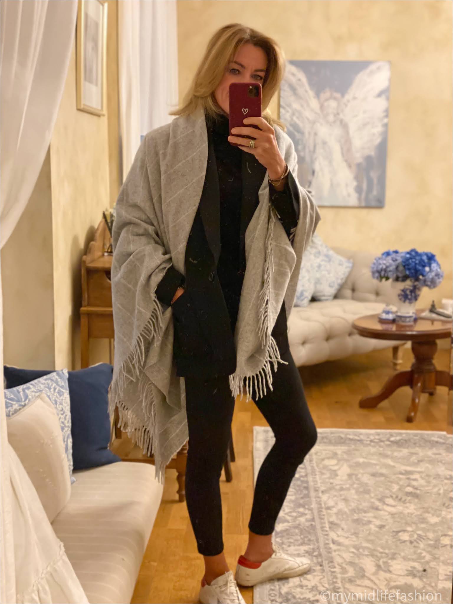 my midlife fashion, black grey and cream merino wool blanket scarf, Isabel Marant tuxedo blazer, marks and Spencer pure cashmere roll neck jumper, j crew 8 inch toothpick jeans, golden goose superstar low top leather trainers