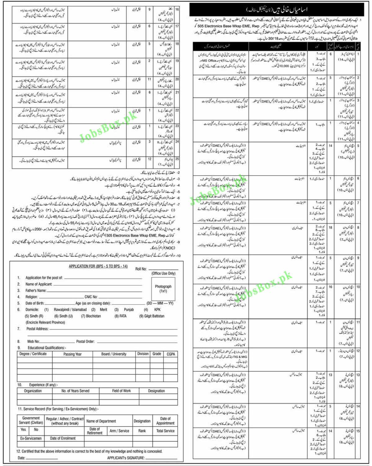 Pakistan Army 505 Electronics Base Workshop EME Rawalpindi Jobs 2021 in Pakistan