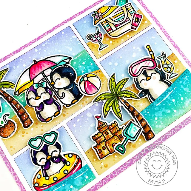 Sunny Studio Stamps: Passionate Penquins Card by Kavya (featuring Comic Strip Speech Bubble Dies, Beach Babies, Beach Buddies, Slimline Dies)