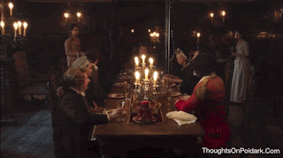 At Trenwith Elizabeth walks in to see Ross Poldark at her engagement dinner with Francis