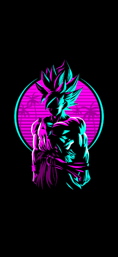 Neon-lit Goku from Dragon Ball against a retro backdrop in this vibrant HD phone wallpaper.