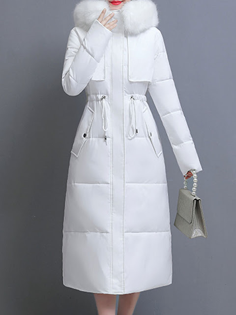 Long Puffer Coats For Women White Hooded Faux Fur Collar Long Sleeves Polyester Cotton Winter Outerwear Cozy Active Outerwear