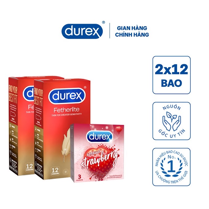 Mall Shop [ durex.officialstore ] Bộ 2 Bao cao su Durex Fetherlite (12 bao/hộp) + Tặng 1 hộp Durex Sensual Strawberry (3 bao/hộp)