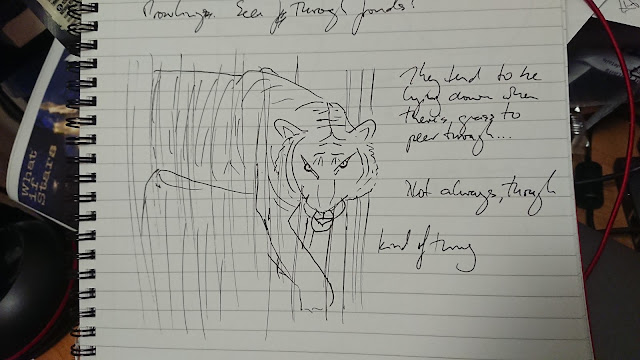 On lined paper in a spiral-bound notebook is a slightly cartoonish black ink pen sketch of a tiger prowling through vertical lines that are probably grasses. One paw is in front of the other and we can see as far as the start of its near hind leg. Its ears are pricked forward and is staring intently at something. Handwritten above the sketch are the words: "Prowling. Seen through fronds?" and at the side are further notes saying "They tend to be lying down when there's grass to peer through..." then "not always, though" and then the phrase "kind of thing" lower down. The pad is clearly on a very messy desk!