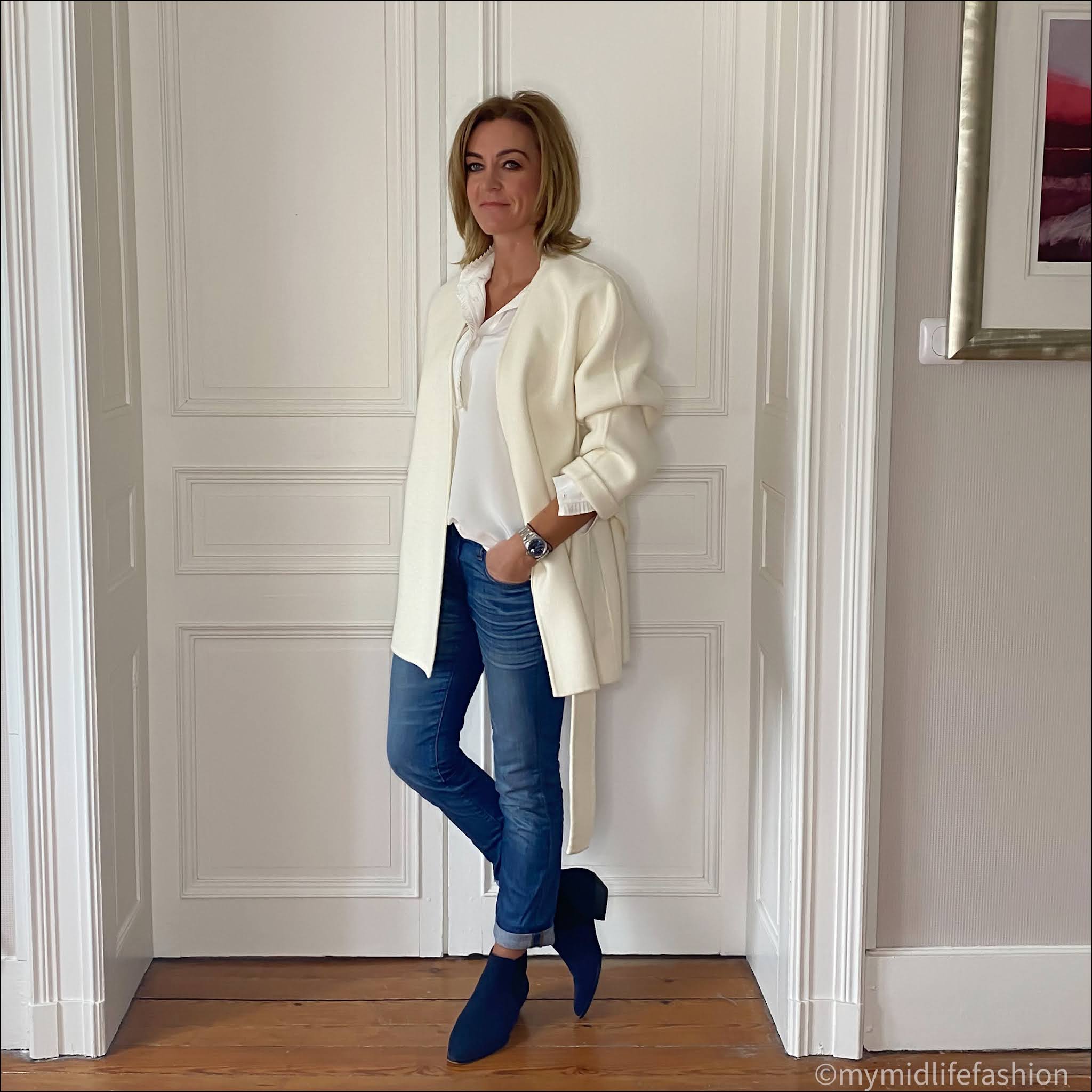 my midlife fashion, lily silk romantic stand collar silk shirt, jigsaw wrap coat, j crew boyfriend jeans, marks and Spencer western heel ankle boots