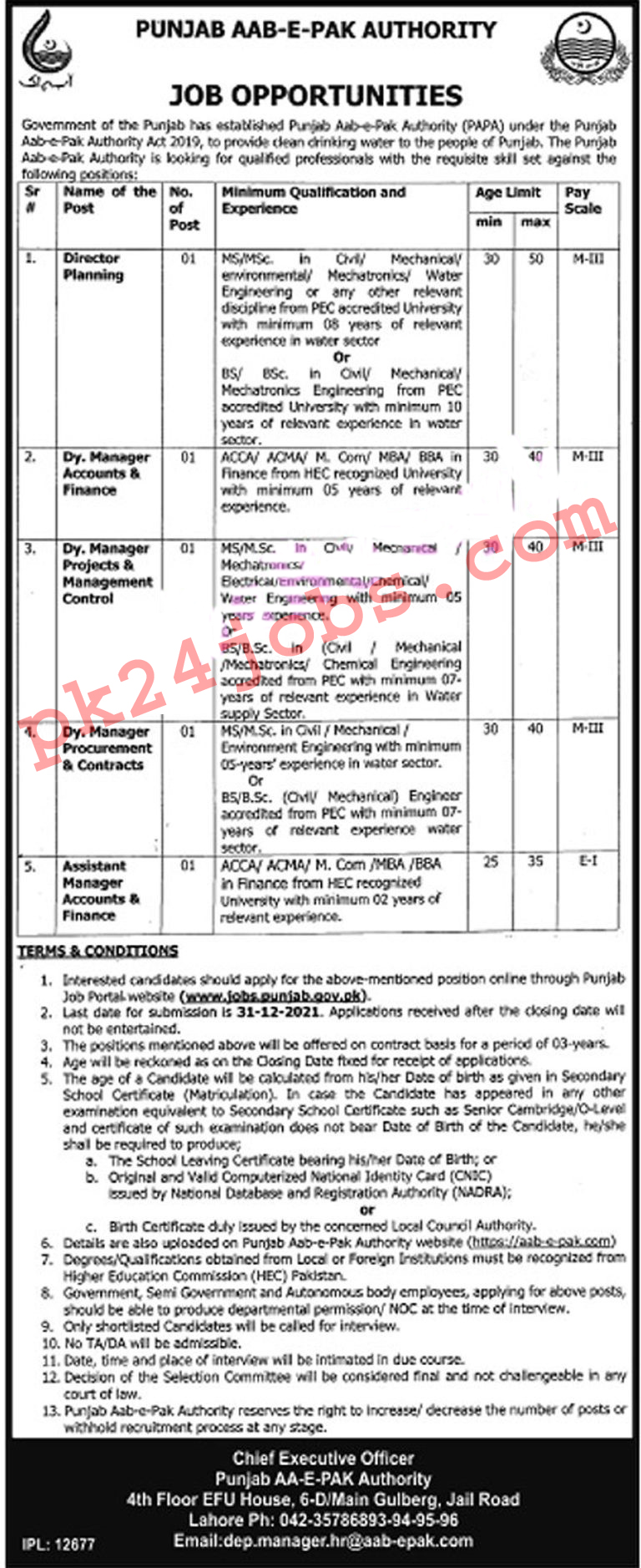 Aab-e-Pak Authority Jobs 2022 – Today Jobs 2022