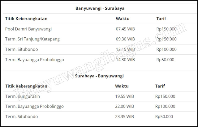jadwal dan tarif tiket bus DAMRI Banyuwangi-Surabaya