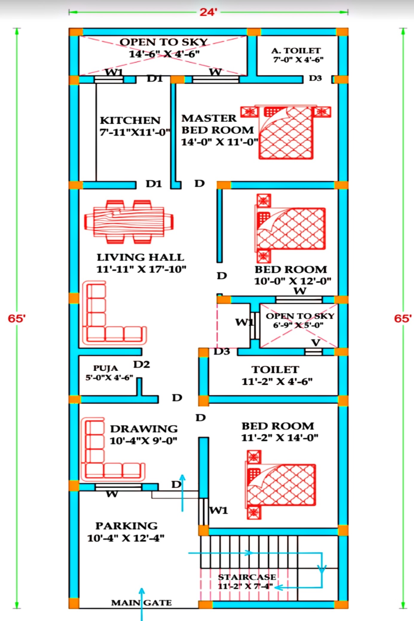 North face house plan 3bhk
