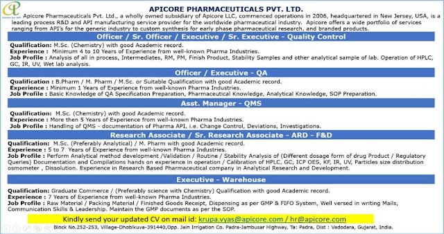 APICore Pharma | Hiring for Multiple Departments at Vadodara | Send CV