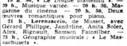 annonce du premier Lorenzaccio de Gérard Philipe à la radio : L’Aube du 30 novembre 1946 (© Site RetroNews)