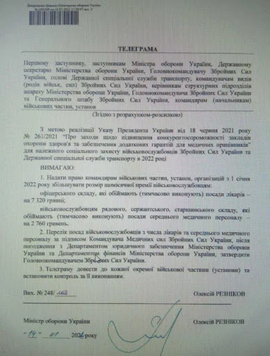 Розпорядження про підвищення грошового забезпечення військовим медикам