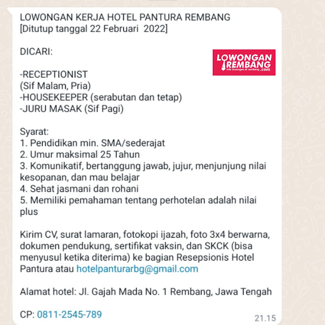 Lowongan Kerja Resepsionis dan Housekeeper Hotel Pantura Rembang