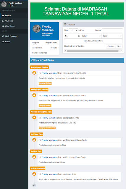 Dashboard Akun PPDB MTs Negeri 1 Tegal