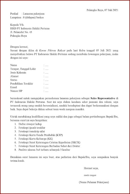 Contoh Application Letter Untuk Sales Representative (Fresh Graduate) Berdasarkan Informasi Dari Media Cetak