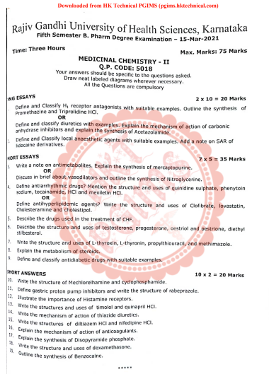 BP501T Medicinal Chemistry II Mar. RGUHS 5th Semester B.Pharmacy Previous Year's Question Paper,BP501T Medicinal Chemistry II,BPharmacy,BPharm 5th Semester,Previous Year's Question Papers,Medicinal Chemistry,Rajiv Gandhi University of Health Sciences (RGUHS),