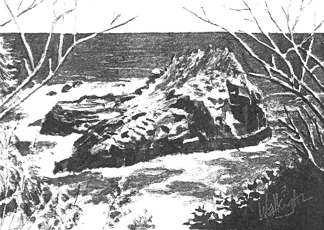 Black and white scan of a watercolour of a small island surrounded by a foamy ocean, "Petite-Ile," by William Walkington