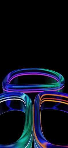 Striking AMOLED black wallpaper for mobile devices, featuring a neon spectrum infinity symbol with vibrant reflections and gradients on a pure black background, optimized for energy saving and screen contrast.