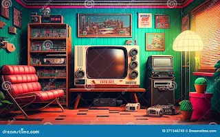 A cozy retro living room featuring a vintage television set, classic furniture, and nostalgic decor elements.
