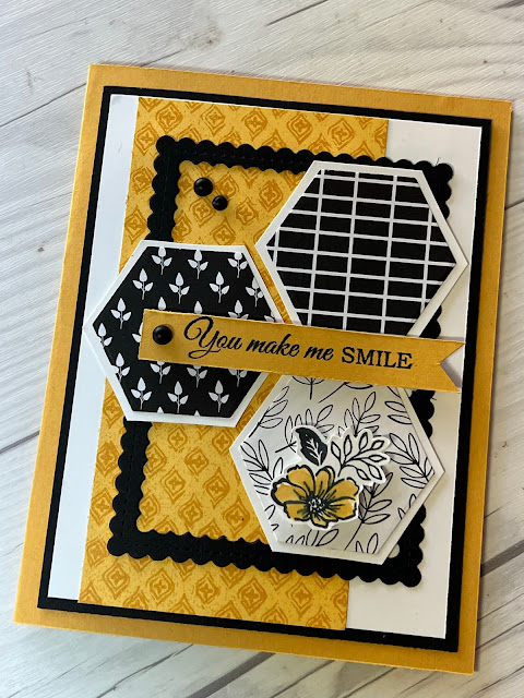 Spring Greeting Card idea using Hexigon shapes created with the Stampin' Up! Beautiful Shapes Dies and All Together Designer Series Paper