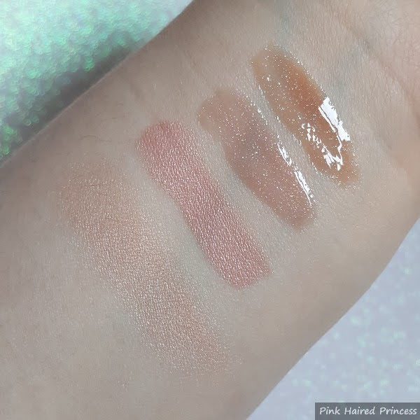 swatches on pale arm of MAC Snowglobe Beauty Powder, Double Spin Cremesheen Lipstick, Dressed To Dazzle and Glitter And Ice Dazzleglass