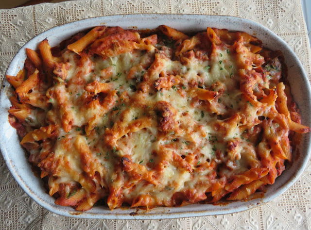 Baked Pasta with Spicy Tomato and Sausage Sauce