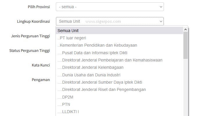 Tampilan laman lingkup koordinasi pada pencarian data pergurua tinggi forlap ristekdikti siger pos