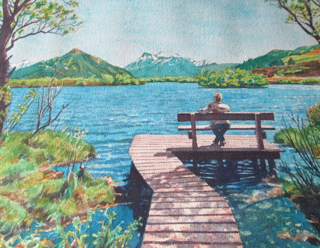 Watercolour of a woman seated on a bench looking at Glenorchy Lagoon, "Glenorchy bench 2," by William Walkington in 2019