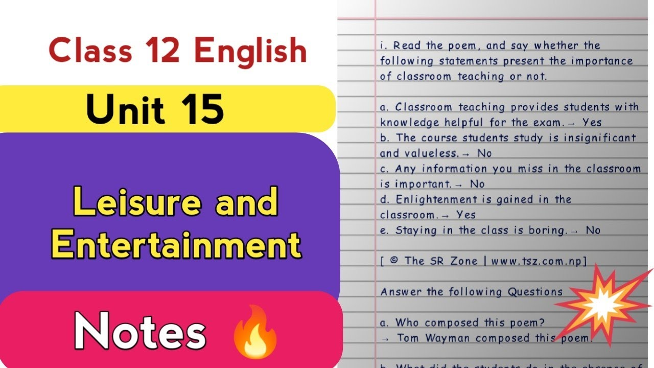 Class 12 English Book Chapter 15 'Leisure and Entertainment' Exercise