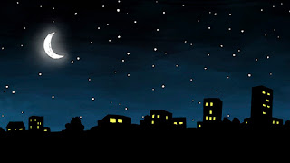 En la ilustración se aprecia una ciudad a oscuras que es iluminada por la luna y las luces de las casas.