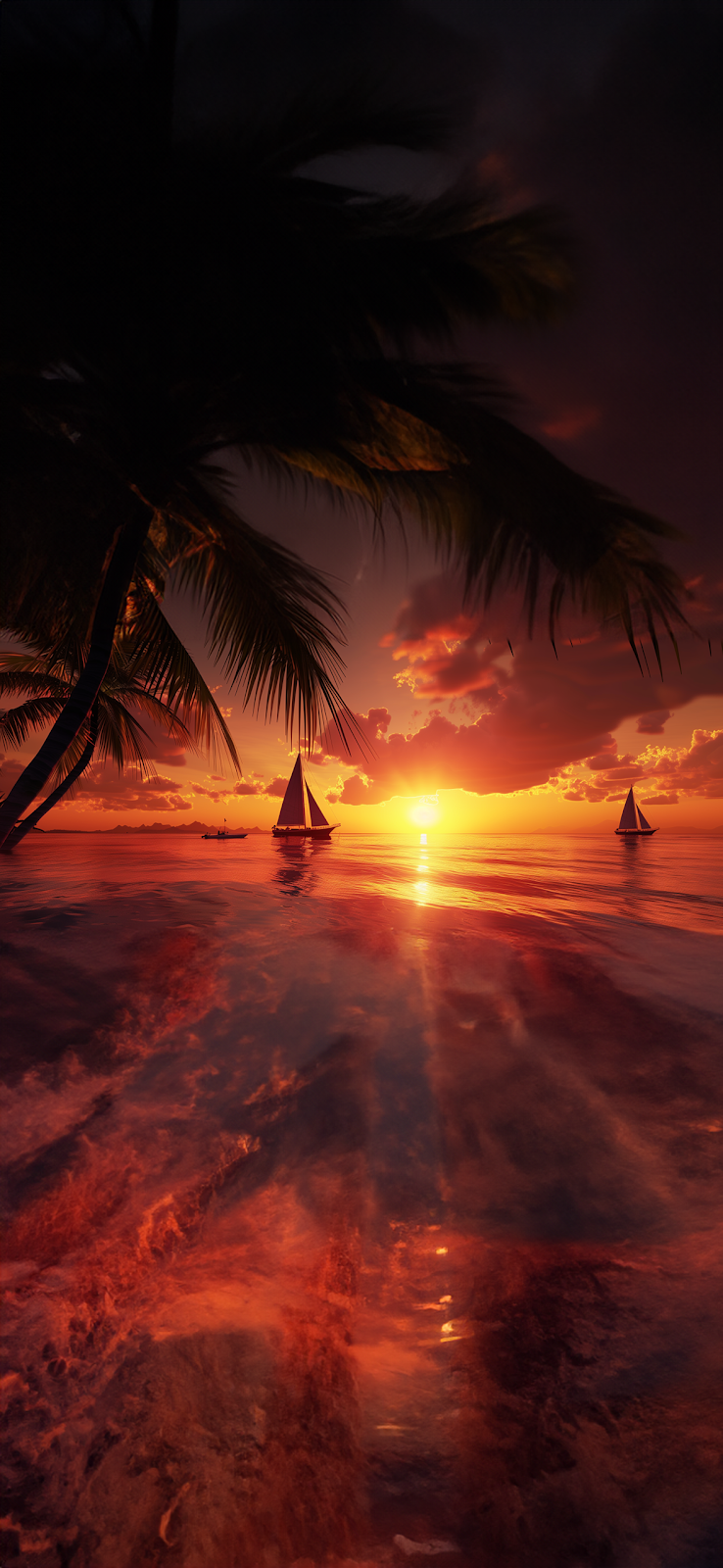 Beautiful sunset over a tropical beach with palm trees and sailboats in the distance.