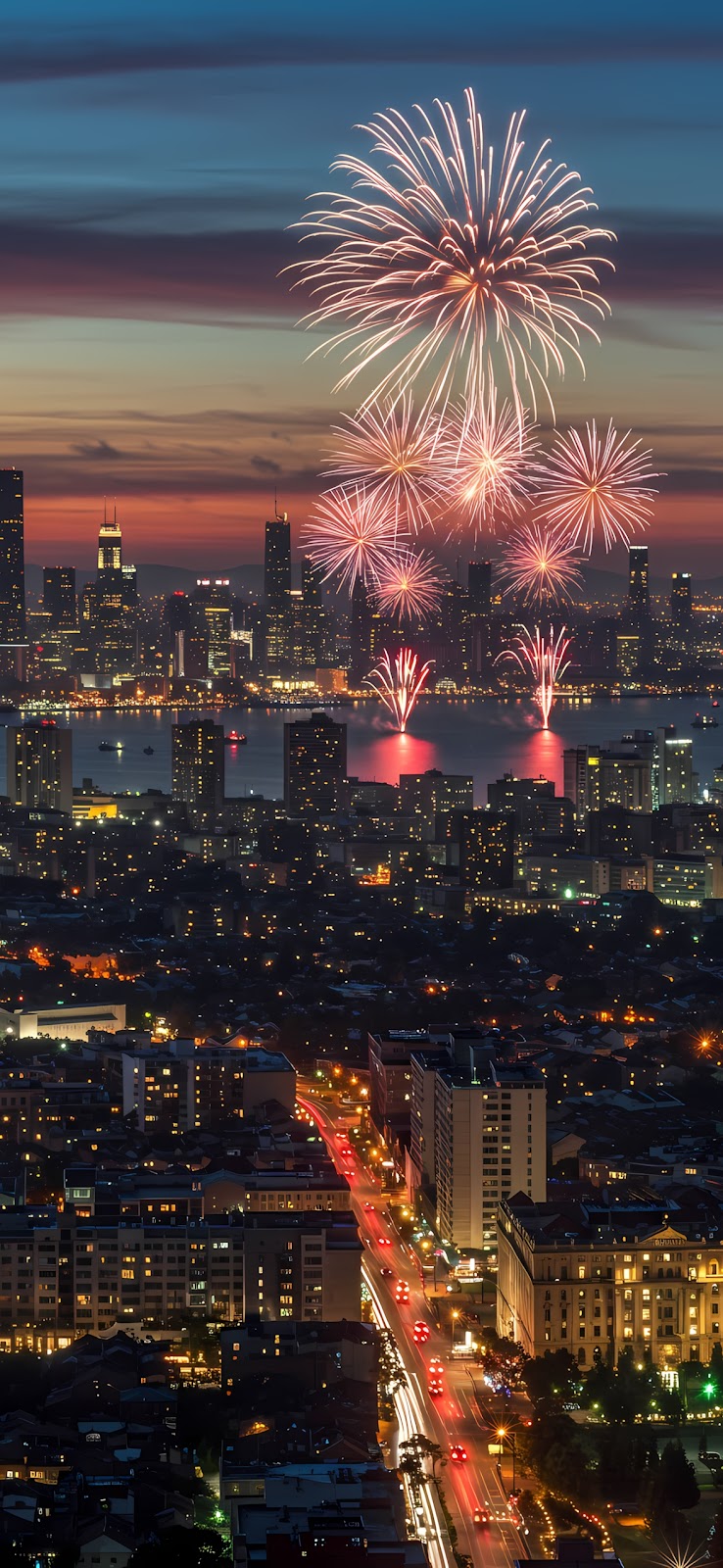 city fireworks happy new year 2024 HD background wallpaper for phone