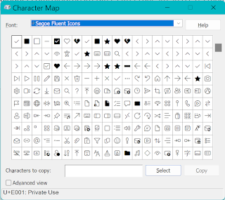 Character Map showing the Segoe Fluent Icons