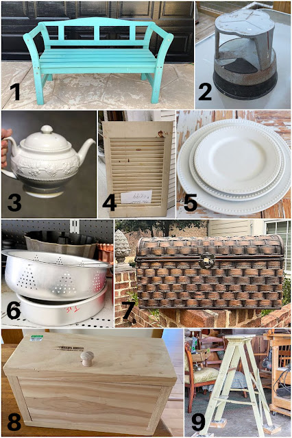 Photo collage of 9 thrift store finds before they received their upcycled makeovers.