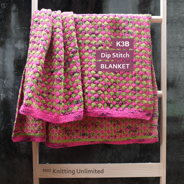 K3B Dip Stitch Blanket. Used Ice Yarns Assurdo Wool yarn (13 balls) and Us 9 needles. Approx: 38”x 44”