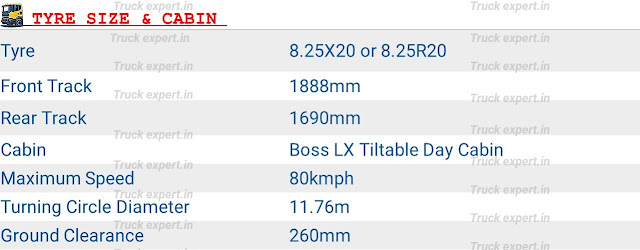 Ashok leyland Boss 1315 HB Tyre Size - The Ashok leyland Boss 1315 HB comes with a tyre size of 8.25x20. The front wheel track is 1888mm & Rear wheel track is about 1690mm.